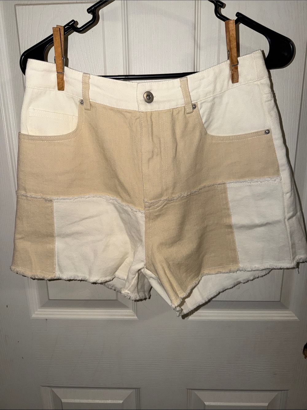 Cream and Tan Patchwork High-Rise Women's Jean Shorts